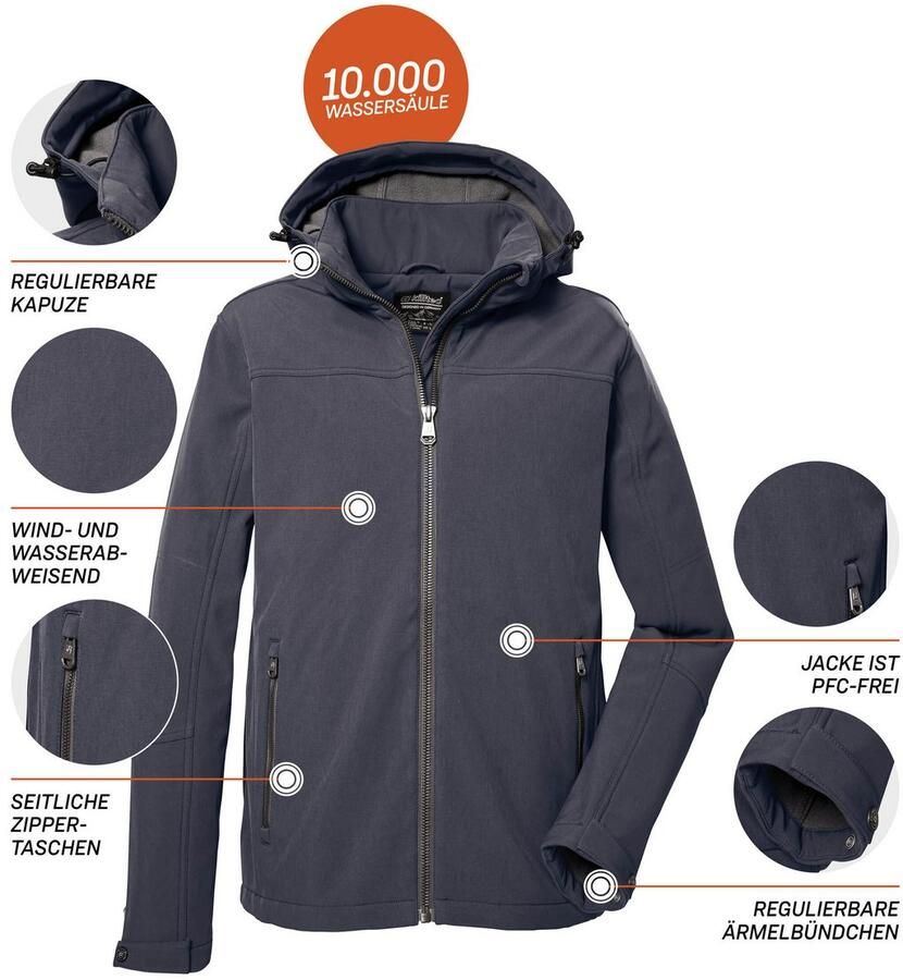 Killtec Softshell-jack Heren softshelljas Waterafstotende softshelljack met fleece afneembare capuchon