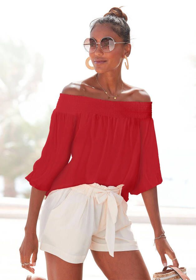 Lascana Blouse met carmenhals in een lichte gekreukte crinkle look damesblouse off-the-shoulder