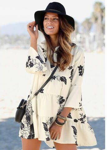 Lascana Blousejurk in wijd model met volants en bloemenprint tuniekjurk strandjurk