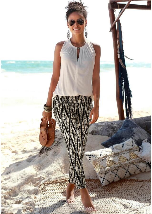 Lascana 7 8-broek met brede tailleband en all-over print lichtgewicht jersey broek zomerbroek - Foto 4