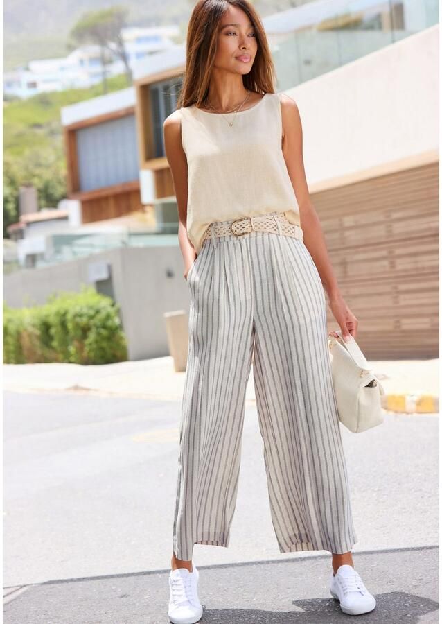 Lascana Bandplooibroek met zakken en knoopdetail wijd been linnenbroek zomershort