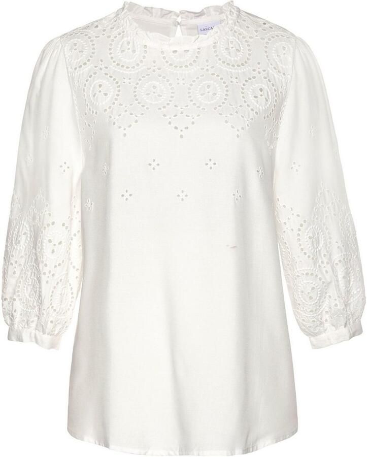 Lascana Blouse zonder sluiting met gaatjesborduurwerk en subtiele ruches 3 4-mouwen damesblouse - Foto 2