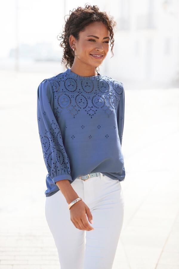 Lascana Blouse zonder sluiting met gaatjesborduurwerk en subtiele ruches 3 4-mouwen damesblouse - Foto 5