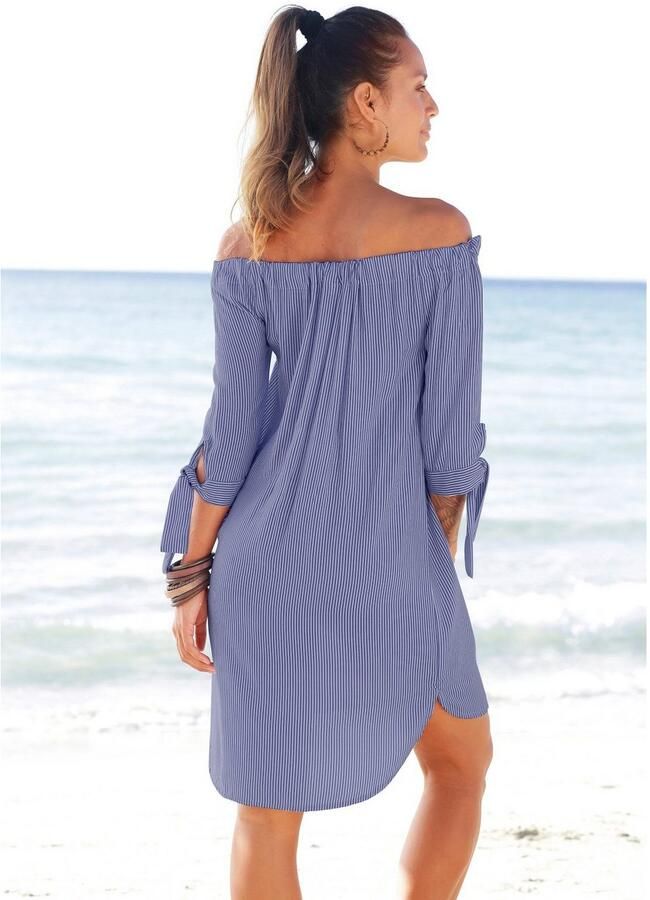 Lascana Blousejurk met gestreepte print en carmen halslijn zomerjurk strandjurk