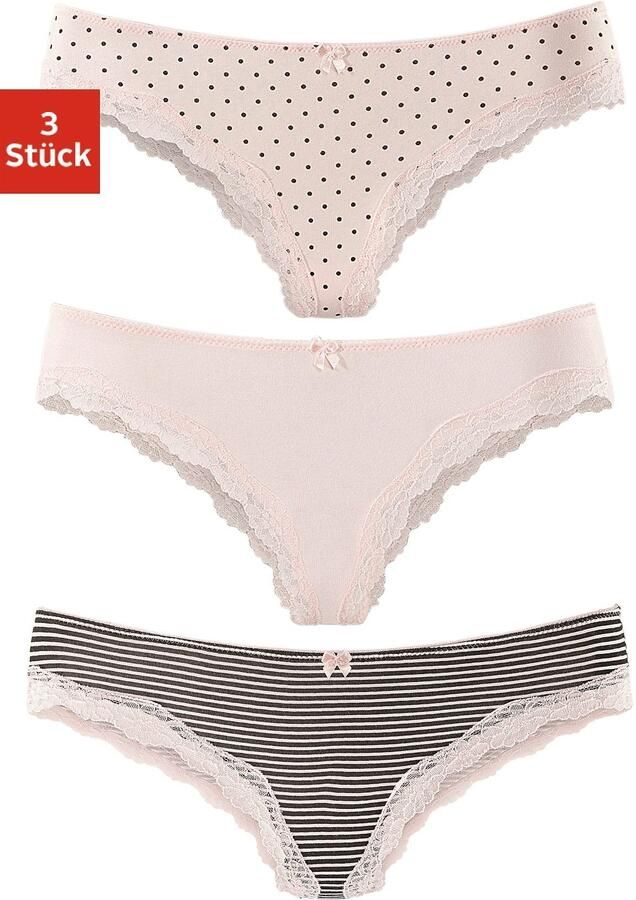 Lascana Brazilian slip van elastische katoen met delicate kant (3 stuks) - Foto 4