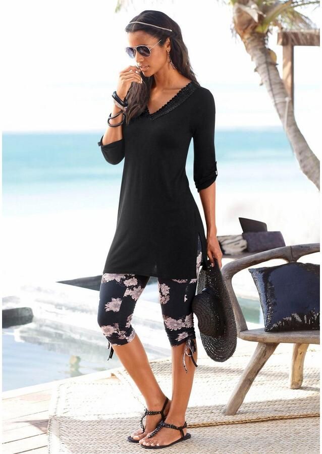 Lascana Lang shirt met kanten randje bij de hals shirt met 3 4 mouwen lange pasvorm