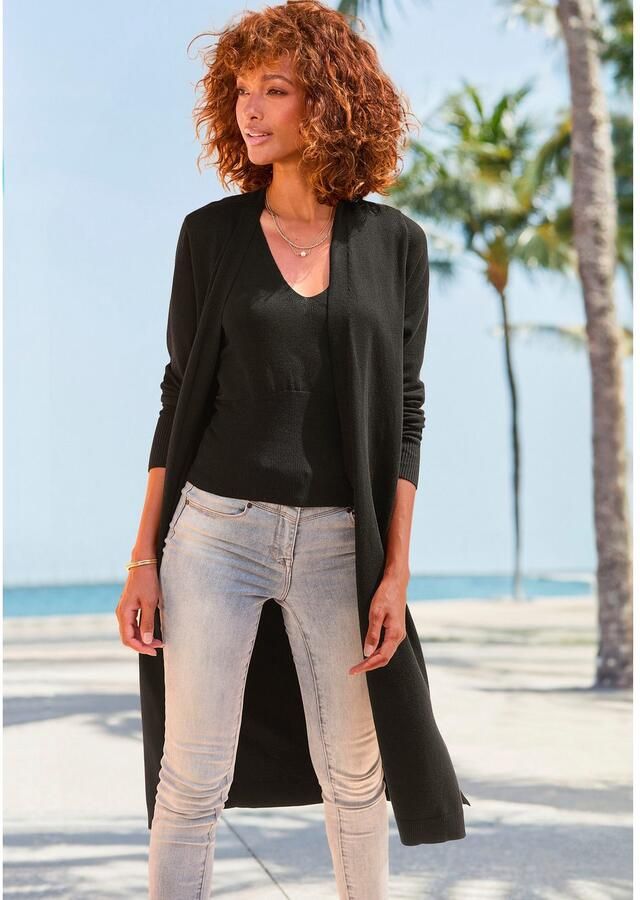 Lascana Cardigan met zijopeningen lange gebreide jas van zacht ribbreiwerk