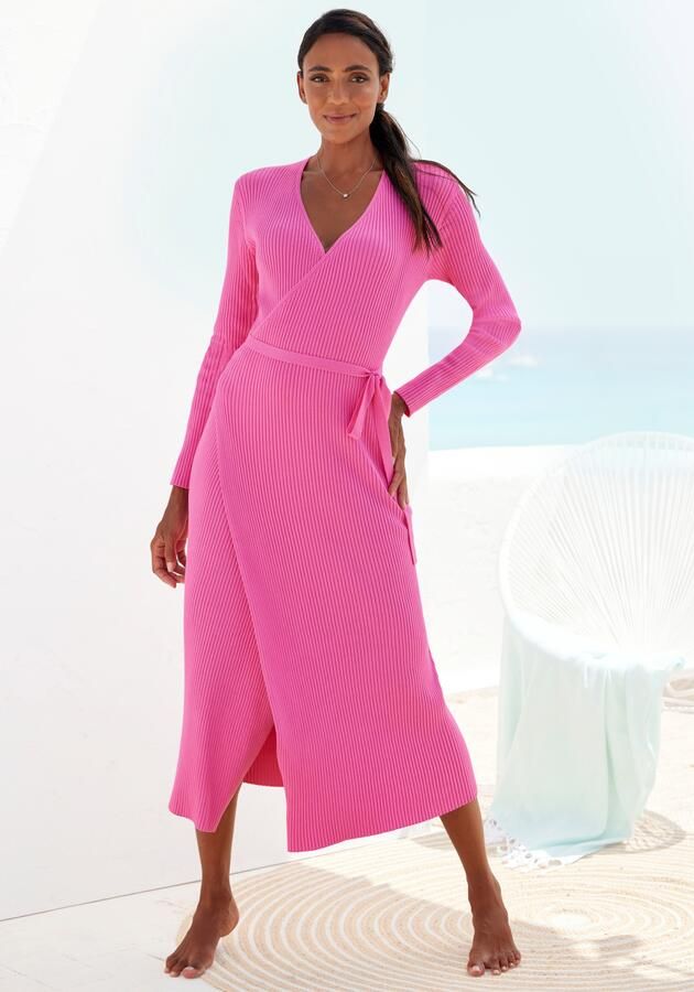 Lascana Gebreide jurk -Loungejurk Wikkeljurk met tailleband loungewear - Foto 6