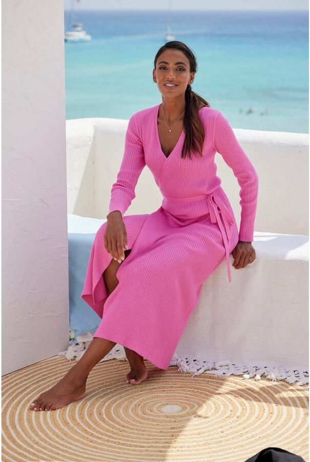 Lascana Gebreide jurk -Loungejurk Wikkeljurk met tailleband loungewear - Foto 3