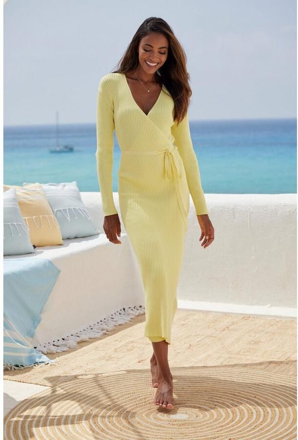 Lascana Gebreide jurk -Loungejurk Wikkeljurk met tailleband loungewear - Foto 3