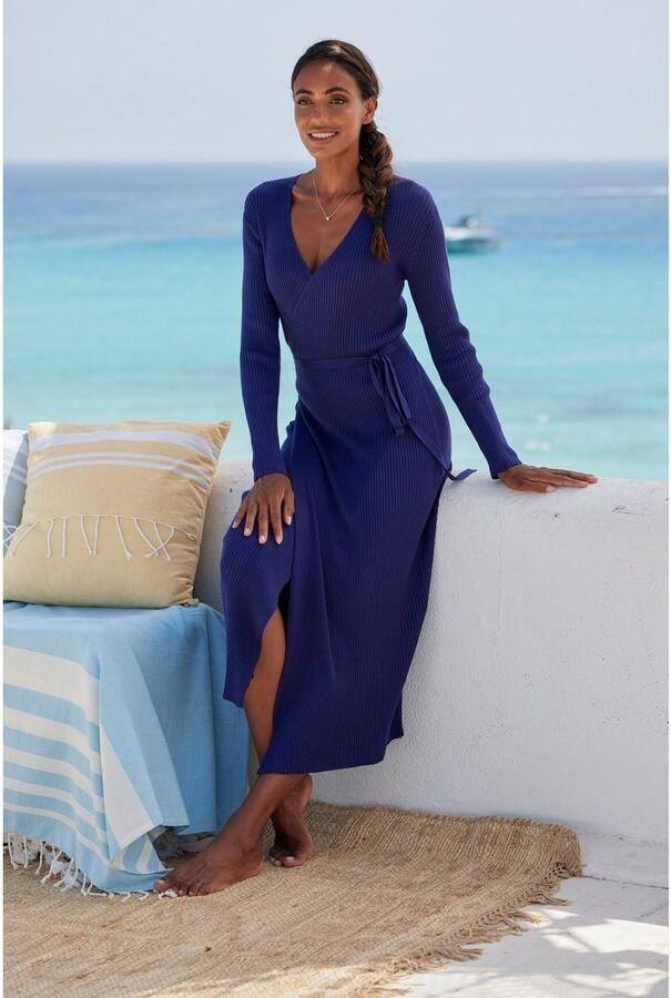 Lascana Gebreide jurk -Loungejurk Wikkeljurk met tailleband loungewear - Foto 3