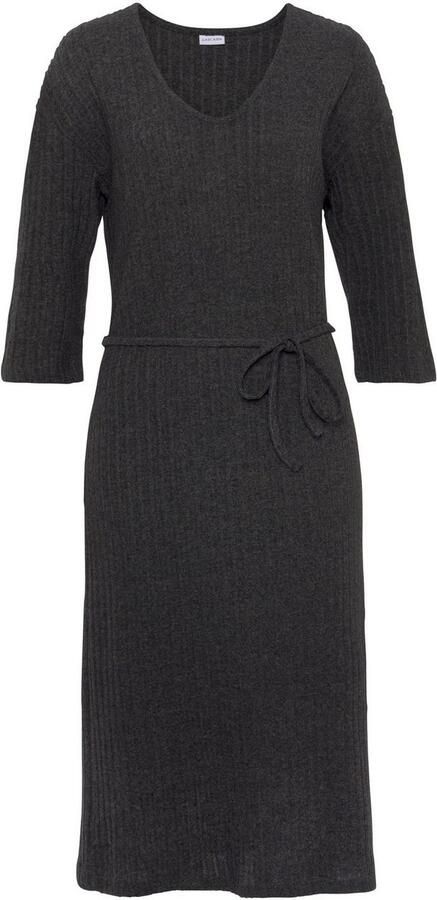 Lascana Gebreide jurk Ribgebreide jurk loungejurk Lounge- rib jurk met wijde mouwen en tailleband loungewear (1-delig) - Foto 4