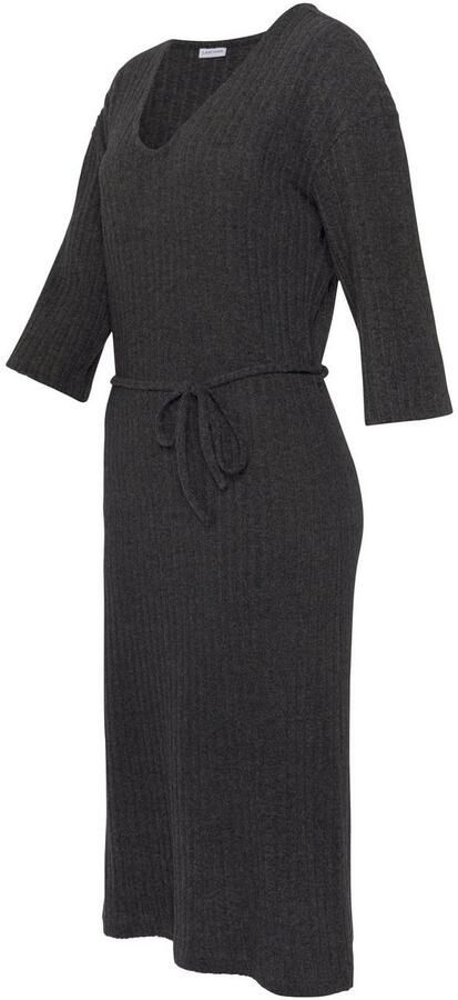 Lascana Gebreide jurk Ribgebreide jurk loungejurk Lounge- rib jurk met wijde mouwen en tailleband loungewear (1-delig) - Foto 5
