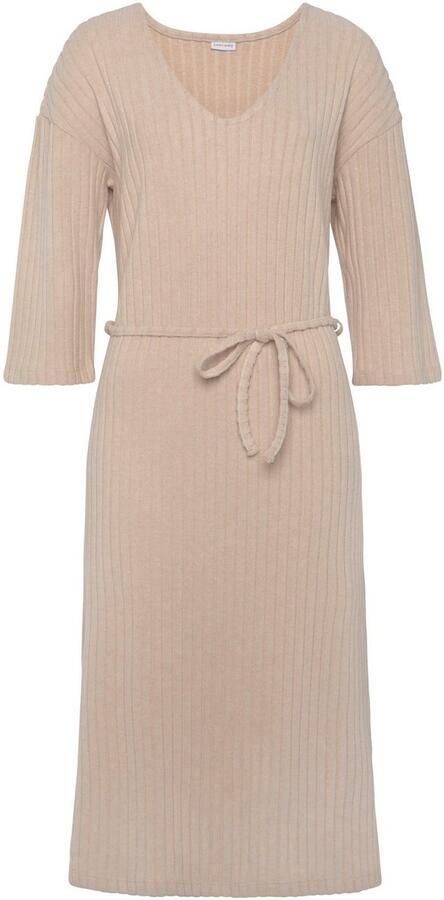 Lascana Gebreide jurk Ribgebreide jurk loungejurk Lounge- rib jurk met wijde mouwen en tailleband loungewear (1-delig) - Foto 5