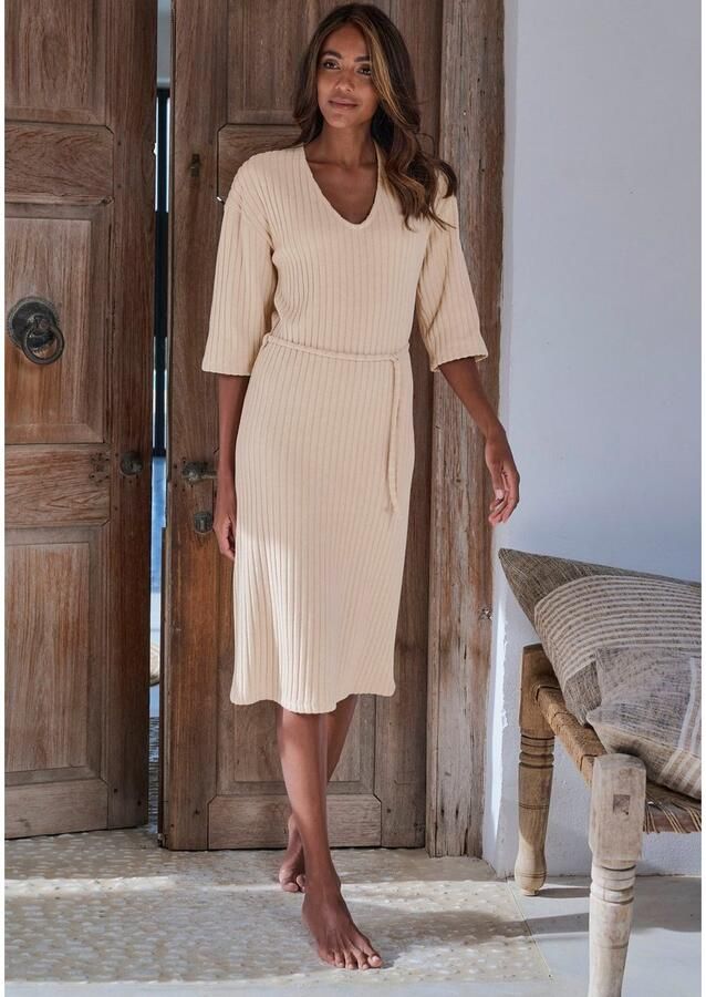 Lascana Gebreide jurk Ribgebreide jurk loungejurk Lounge- rib jurk met wijde mouwen en tailleband loungewear (1-delig) - Foto 2