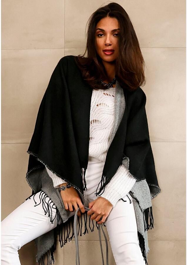 Lascana Gebreide poncho Cape Omkeerbare poncho franje-doek sjaal VEGAN - Foto 2