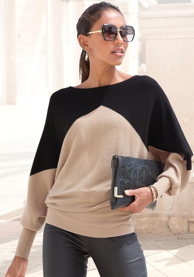 Lascana Gebreide trui met colorblock-look vleermuismouwen modieus - Foto 3