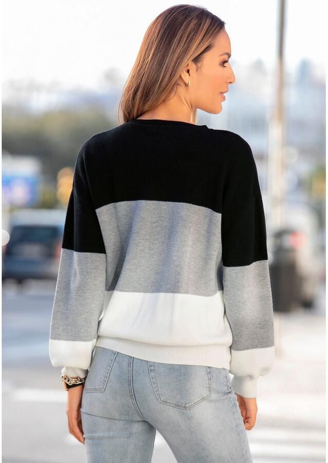 Lascana Gebreide trui met colorblock-strepen damestrui van katoenmix - Foto 4