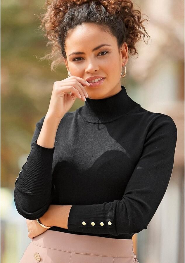 Lascana Gebreide trui met decoratieve knopen aan de mouwzoom lichte coltrui basic - Foto 5