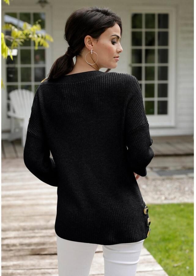 Lascana Gebreide trui met knopen in off-shoulder-stijl damestrui van katoenmix