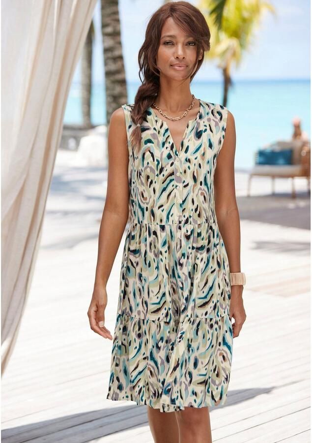 Lascana Gedessineerde jurk met rimpelingen in het rokdeel zomerjurk met knoopsluiting strandjurk - Foto 3