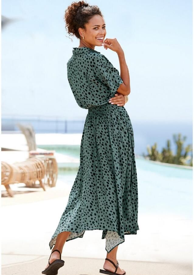 Lascana Gedessineerde jurk met stippenprint en asymmetrische zoom overhemdjurk midijurk