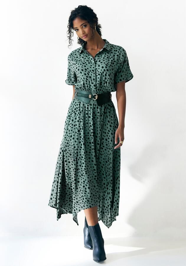 Lascana Gedessineerde jurk met stippenprint en asymmetrische zoom overhemdjurk midijurk - Foto 5