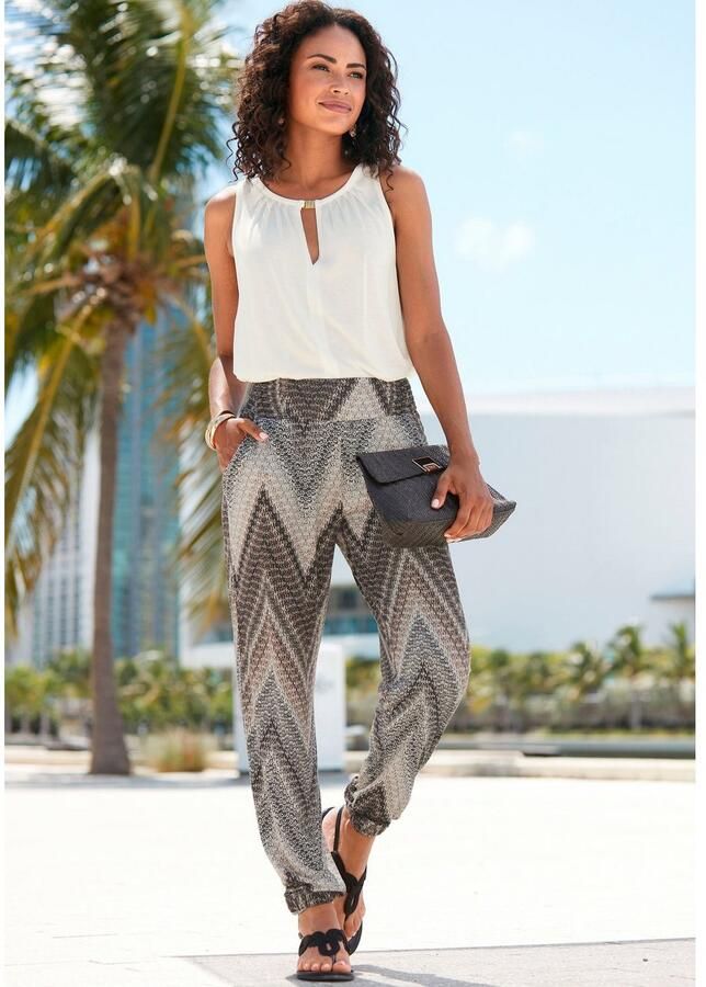 Lascana Jerseybroek met all-over print en zakken elastische tailleband strandbroek - Foto 2