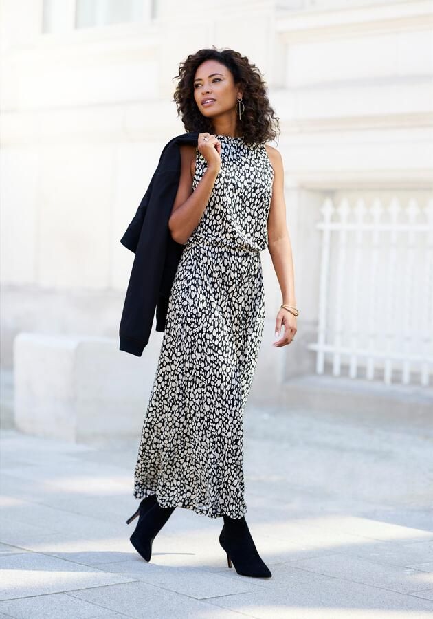 Lascana Jerseyjurk met all-over print midi jurk hoge sluiting zomers-elegant - Foto 7