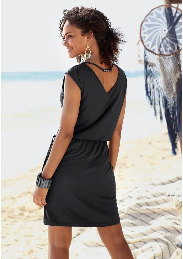 Lascana Jerseyjurk met decoratieve band op de rug korte zomerjurk strandjurk basic