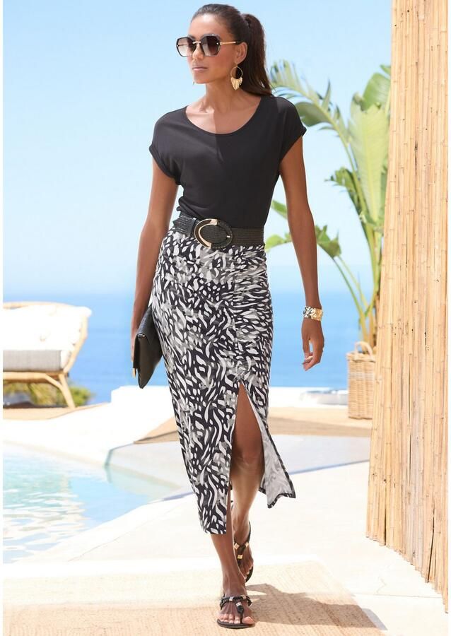 Lascana Jerseyrok met plooien aan de zijkant en split midi rok met all-over print - Foto 3