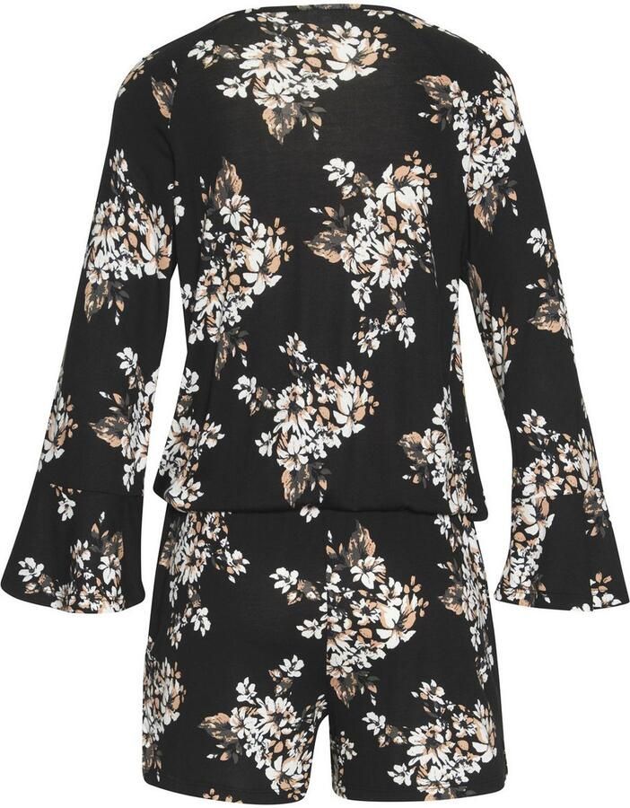 Lascana Jumpsuit met volant aan de 3 4-mouw korte jumpsuit met bloemenprint