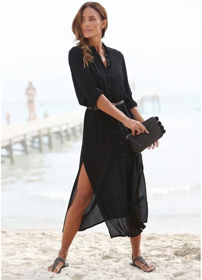 Lascana Jurk met overhemdkraag Cover-up gekreukte viscose maxijurk met split knoopsluiting voor