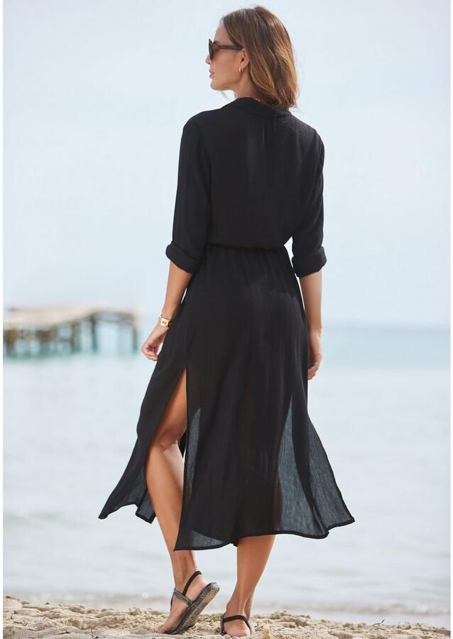 Lascana Jurk met overhemdkraag Cover-up gekreukte viscose maxijurk met split knoopsluiting voor - Foto 2