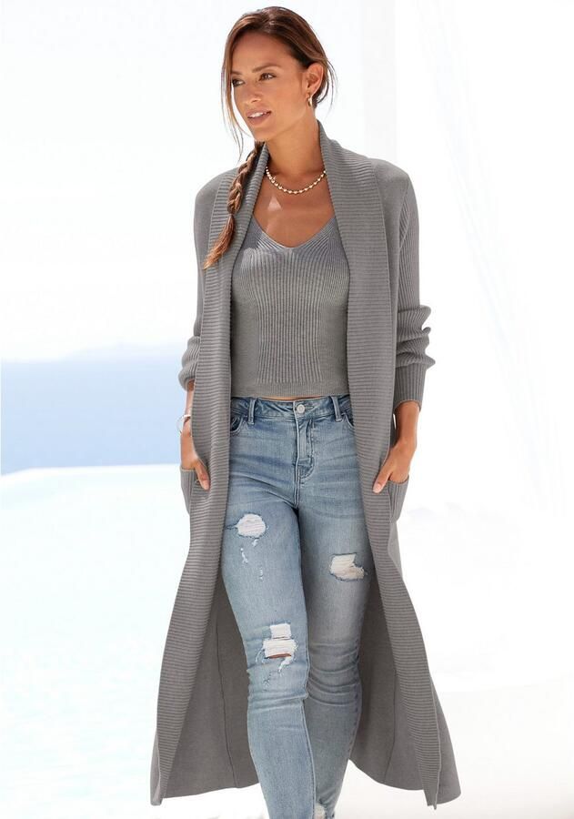 Lascana Lang vest met ribbrei-details en zakken casual gebreide mantel - Foto 4