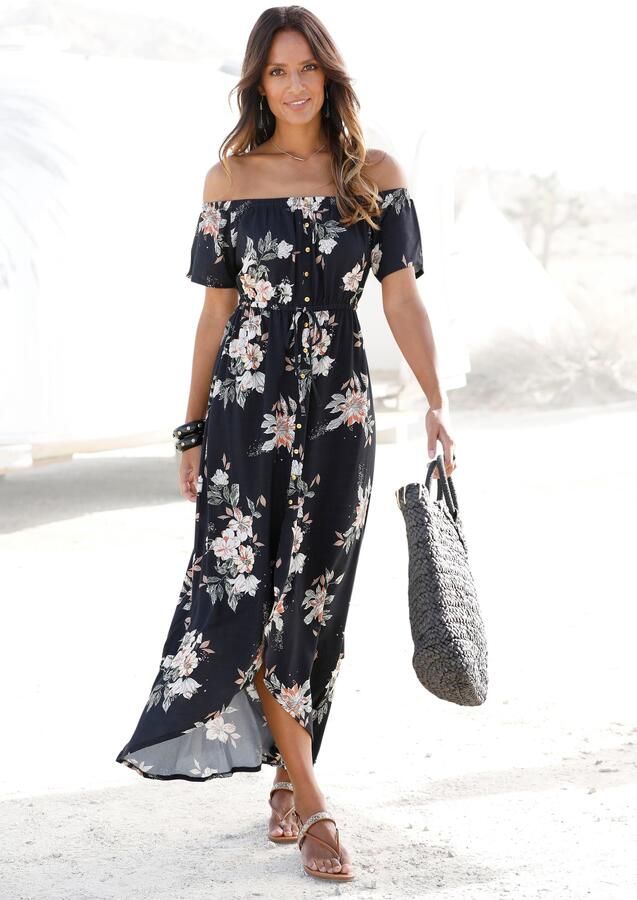 Lascana Maxi-jurk in trendy vokuhila-snit en carmen-halslijn zomerjurk - Foto 6