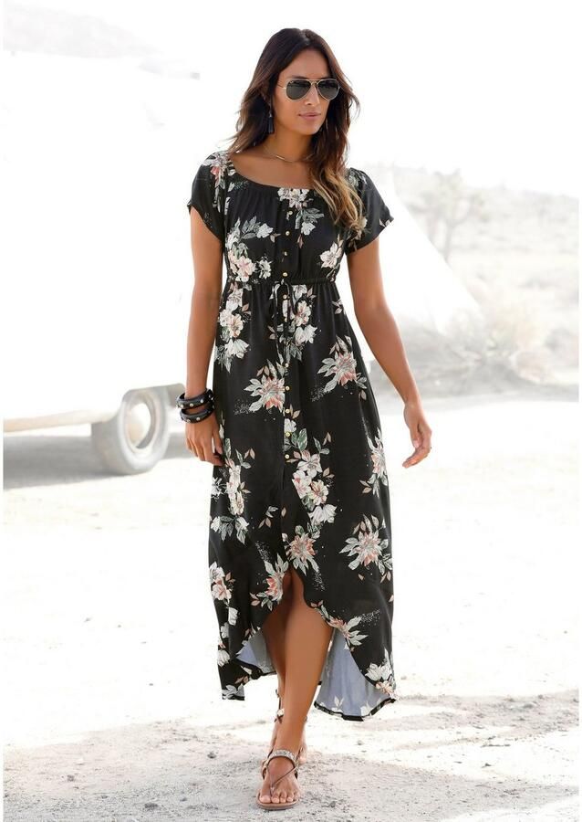 Lascana Maxi-jurk in trendy vokuhila-snit en carmen-halslijn zomerjurk - Foto 4