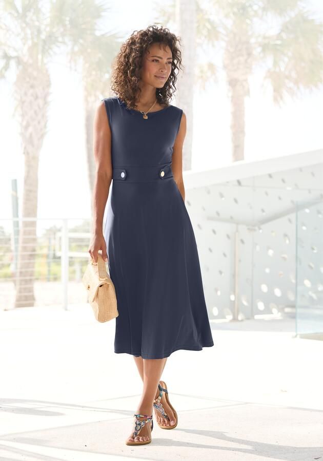 Lascana Midi-jurk met decoratieve gespen en goudkleurige sierknopen strijkvrij - Foto 3