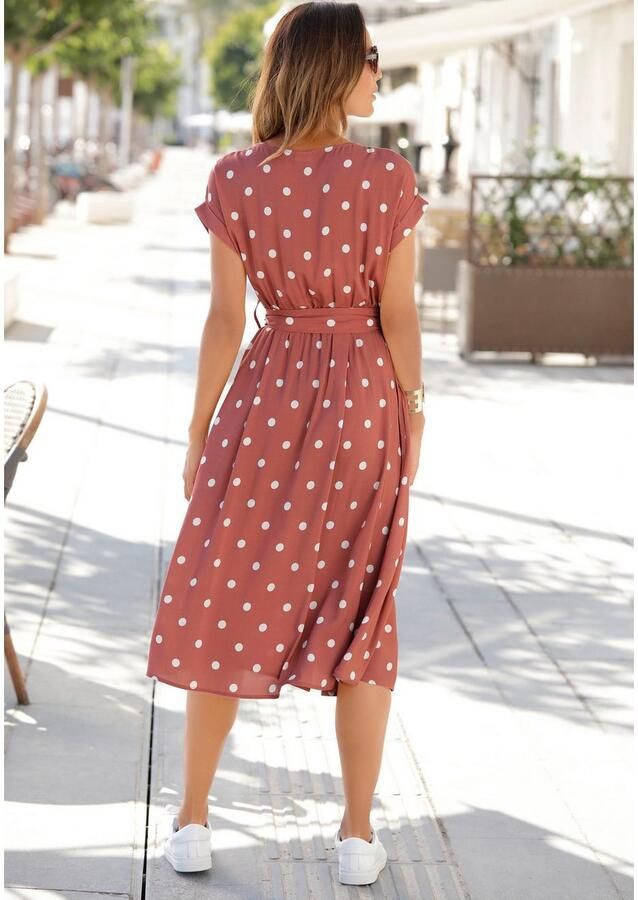 Lascana Midi-jurk met stippenprint en zakken zomerjurk (Met riem)