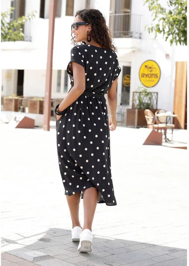 Lascana Midi-jurk met stippenprint en zakken zomerjurk (Met riem)
