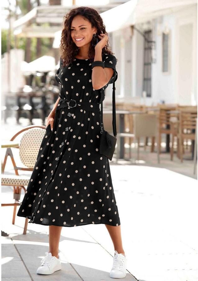 Lascana Midi-jurk met stippenprint en zakken zomerjurk (Met riem) - Foto 4