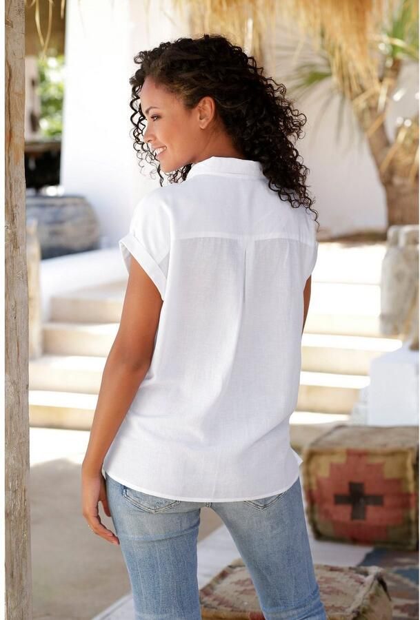Lascana Overhemdblouse van mix van linnen met knoopsluiting blouse met korte mouwen linnen blouse - Foto 4