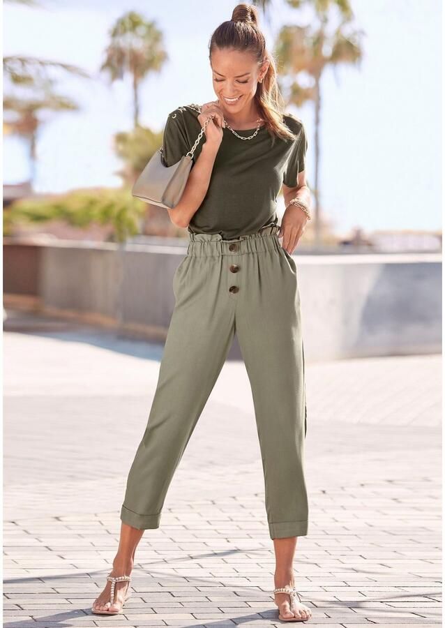 Lascana Paperbag-broek met sierknopen en elastische tailleband stofbroek opgerolde broekzoom - Foto 4