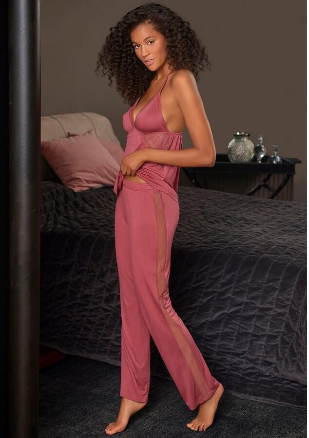 Lascana Pyjamabroek met strepen opzij van transparante kant