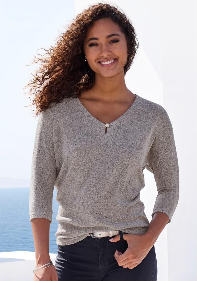 Lascana Shirt met 3 4 mouwen Met strassknop in bloemvorm van licht fijnbreisel in gemêleerde optiek - Foto 5