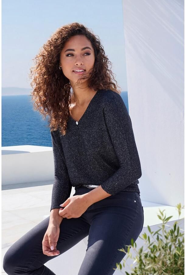 Lascana Shirt met 3 4 mouwen Met strassknop in bloemvorm van licht fijnbreisel in gemêleerde optiek - Foto 2