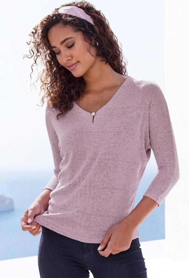 Lascana Shirt met 3 4 mouwen Met strassknop in bloemvorm van licht fijnbreisel in gemêleerde optiek - Foto 5