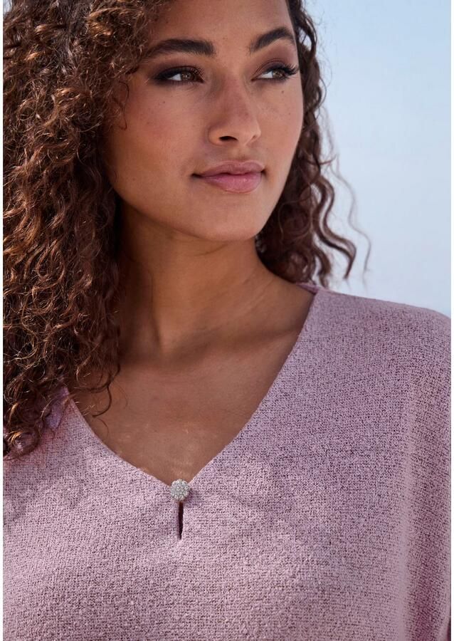 Lascana Shirt met 3 4 mouwen Met strassknop in bloemvorm van licht fijnbreisel in gemêleerde optiek - Foto 2