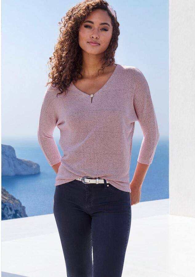 Lascana Shirt met 3 4 mouwen Met strassknop in bloemvorm van licht fijnbreisel in gemêleerde optiek - Foto 3