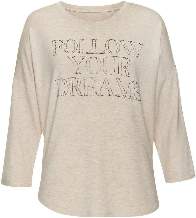 Lascana Shirt met 3 4 mouwen Met tekst van strassstenen van hoogwaardige french terry-kwaliteit van viscose